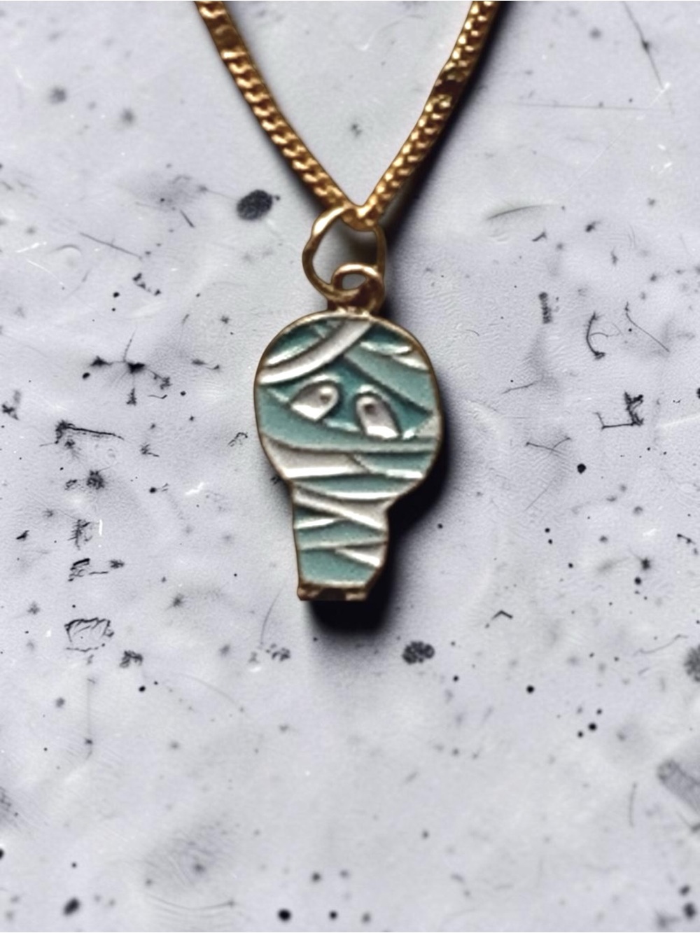 Mummy Halloween, Gold, Blue, & White  Pendant Necklace Halloween